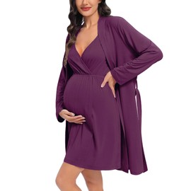 DIKFA Maternity Nursing Robe Labor and Delivery Gown Pregnancy Nightgown Breastfeeding Hospital Bathrobes Dress Postpartum Sleepwear Purple
