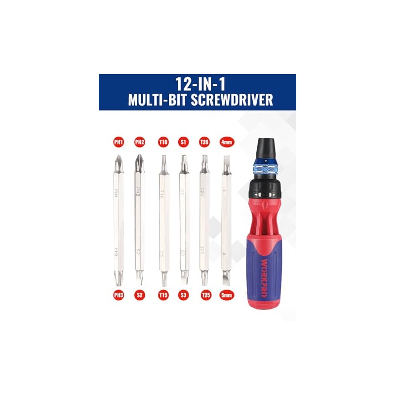 WORKPRO 12-in-1 Ratcheting Multi-Bit Screwdriver Set, Quick-load Mechanism Screwdriver with