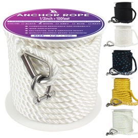 VEITHI Boat Anchor Rope 100 ft x 1/2 inch White, 3 Strand Nylon Anchor Line Anchor Rope with Stainless Steel Thimble & Shackle Ideal for Towing,Docking,Boats,Mooring,Anchoring,for Boats Up to 35'