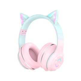 Bluetooth Kids Headphones,Cat Ear LED Light Up Kids Wireless Headphones,Bluetooth 5.1&Stereo Sound,Foldable,Adjustable Headband,Children Headphones with Microphone Over Ear for School/Tablet (Pink)