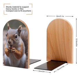 Wood Bookends, Cute Squirrel Print Wood Bookends, Non-Skid Bookend for Shelves, Support for Books and Movies (Beech 1 Pair)