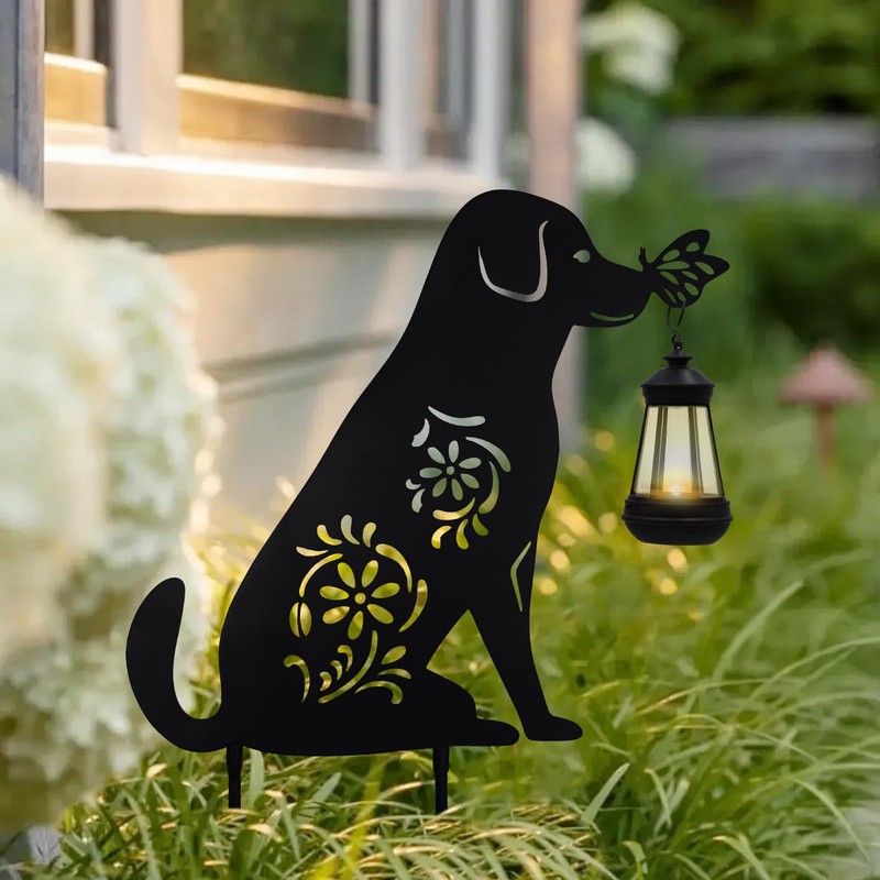 Solar Lights Outdoor Garden Decor - Metal Dog Holding Lantern