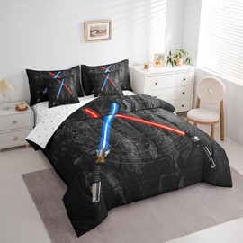 Lightsaber 7Pcs Comforter Set Full Size 3D Neon Blue Red Bedding Set Geometric Sun Moon Round Fitted + Flat Sheet Kids Boys Girls Teens Room Decor Fashion Vintage Stone Wall 2 Pillow Cover,Black