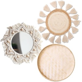 Boho Wall Basket Decor Set of 3 - Flat Woven Basket Wall Hanging Decor,Round Tassels Mirror White Macrame Tapestry Wall Decor Art,Handmade Rattan Wicker Seagrass Home Wall Baskets Decor (Mirror Style)
