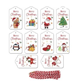 ZHIYE Christmas Tags, 50 Pieces 10 Styles Christmas Kraft Paper Tag Hang Labels with 50pcs Cotton String for Decorating Christmas Trees or Gift Packaging