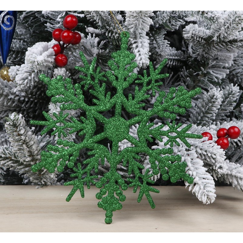 12pcs Glitter Snowflake Ornament for Christmas Tree Decoration-7 Inch,Emerald Green