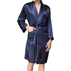 DELIMALI Men's Satin Robe Kimono Dressing Gown Silk Lightweight Long Sleeve Bathrobe with Belt and Pockets Night Robe for Wedding Party (A-Blue, XL)