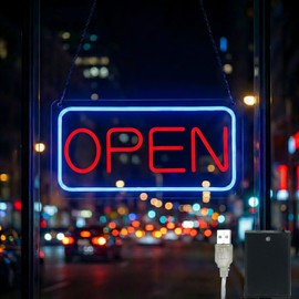 iDecoMart 16 Inch LED Open Sign, Ultra Bright 5 Modes Neon Open Sign with 5 Levels Dimmable, USB & Battery Powered Light Up Sign for Business Window Storefront Cafe Bar
