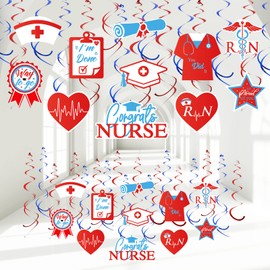 Whaline 40Pcs Nurse Party Decoration Nurse Graduation Hanging Swirls Spiral Streamer Blue Red White Congrats Nurse You Did It Nurse Hat Heart Pattern for Nursing School Medical Graduation