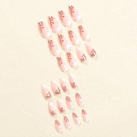 Christmas Press on Nails Medium Almond Fake Nails with Christmas Holly Leaves Design Acrylic Glue on Nails Pink Full Cover Nails Press Ons for Women Winter Stick on False Nails 24Pcs