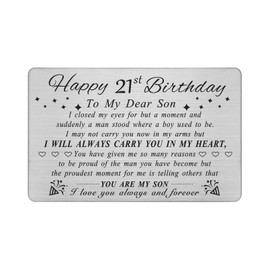 DEGASKEN Son 21st Birthday Card from Mum Dad, 21 Year Old Son Birthday Gifts for Men Him, Metal Engraved Wallet Card