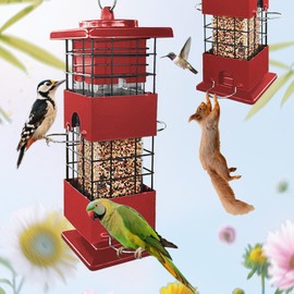 Squirrel Proof Bird Feeder,3Lbs Bird Feeders for Outdoors Hanging, Metal Anti-Squirrel Birdfeeder with 4 Feeding Ports, Wild Birds Seed Feeder for Cardinal, Finch, Sparrow (Red)