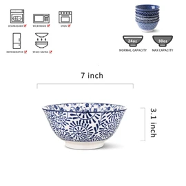 Selamica 7 inches Porcelain Bowls Set - Set of 6, ceramic bowls for Cereal, Soup, Salad and Pasta, Vintage Blue