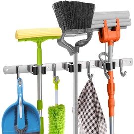 Mop and Broom Holder Wall Mount Heavy Duty - Metal Broom and Mop Holder Wall Mount - Broom Organizer Wall Mount for Kitchen Closet Garage Garden Tool - 3 Broom Hanger Positions with 4 Broom Rack Hooks