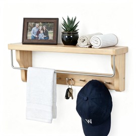 Coat Rack Wall Shelf with 7 Hooks, Bathroom Floating Shelves with Towel Bar