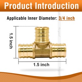Horiznext 3/4 inch pex tee fitting, brass coupling adapts water pipes connect pvc tubing quick press barb into crimp ring manifold push into hose.(8 pcs)