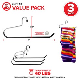 Blanket Hangers (3 Pack) - Stainless Steel Quilt Hangers with Vinyl Non-Slip Coating - Holds Up to 40 Lbs - Heavy Duty for Closet Storage, Comforters, Bedding, Towels, Rugs - Stock Your Home