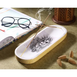 Bless-International Traditional-Handmade-Tray-Burner Wooden-Trat-Incense-Stick-Holder Ash-Catcher-Stand For-Aromatherapy-Meditation-Yoga (Abstract Flowers, 11x4x1.22 Inches)