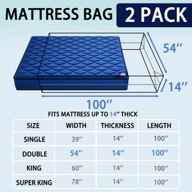 Oumaru Pack of 2 Mattress Bag for Moving and Storage, 2 Mil Heavy Duty Bed Mattress Cover, Tear Resistant & Waterproof Mattress Protector for Moving, Storage & Travel (Double)
