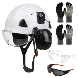 Forestry Safety Gear Kit with Vented Hard Hat, Mounted Ear Muffs, Work Gloves, Clear and Smoke Safety Glasses for LoggingSafety Helmet Type: WIth Visor, Color: Orange, Material: M SIZE Gloves