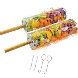 Gerbala Rolling Grill Basket for Outdoor Barbecue, Nesting Grill Baskets, Pack of 2 with Removable Wooden Handles for Camping, Picnic, BBQ, 304 Stainless Steel Barbecue Tools Cages Set for Vegetables