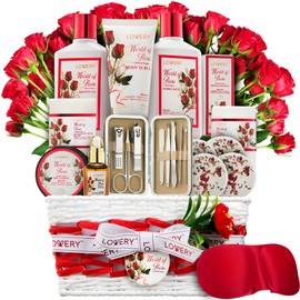 Spa Gifts for Women, Bath and Body Gift Set, Red Rose Gift Basket, 35 Piece Stress Relief Spa Kit, Thank You, Birthday, Mom Gifts with Nail Care Kit, Body Scrub, Bubble Bath, Bath Bomb, Lotions & More