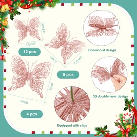 Jutom 24 Pcs Christmas Tree Butterfly Decorations 3 Sizes 3D Glitter Hollow Butterfly Ornaments Hanging Butterfly Wall Decor with Clips and Stems for Christmas Tree Wreaths Decor (Rose Gold)