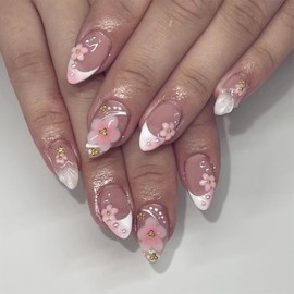 24pcs White French Tip Press on Nails Short Almond Fake Nails with 3D Pink Flower Pearl Designs Gold Beads Stick on Nails Summer False Nail Tips Cute Floral Acrylic Nails Glue on Nails for Women