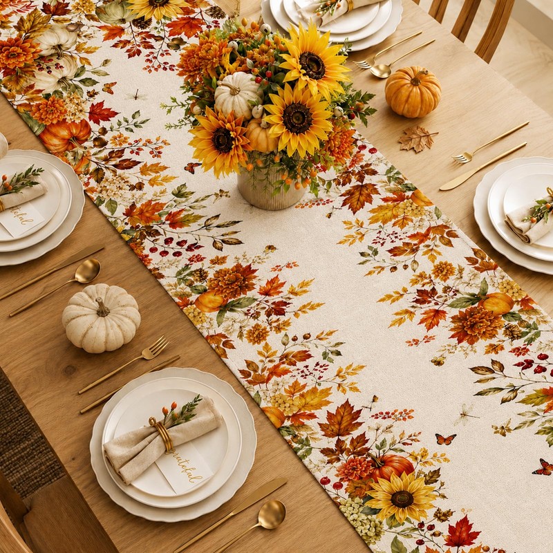 Fall Table Runner 13×72 in with Fall Decor Pumpkin, Sunflower&Leaf