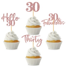 48 piezas de adornos para cupcakes de 30 cumpleaños, con purpurina Hello 30 para cupcakes, 30 fabulosos treinta púas de cupcakes para feliz cumpleaños 30, boda, aniversario, fiesta, decoración de pasteles, color oro rosa