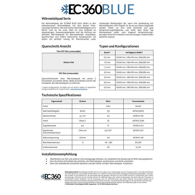 EC360® Blue 5W/mK Thermal Pad (100 x 100 x 0.5