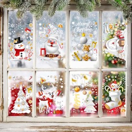 8 Sheets Christmas Window Clings Stickers,Double-Side Glass Decals,Includes Santa, Snowman, Moose & Snowflake Decals, Static PVC Xmas Decorations for Glass Doors & Indoor Party