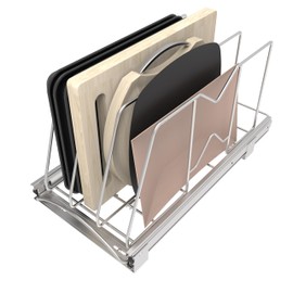 STORKING Pull Out Cookie Sheet Organizer for Cabinet, Pan and Pot Rack, Cutting Board Organizer Rack, Baking Tray Organizer for Cabinet, Adjustable Divider Width, 10" W x 22" D x 11" H, Chrome