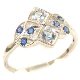 925 Sterling Silver Natural Aquamarine and Sapphire Womens Cluster Ring - Sizes 4 to 12 Available