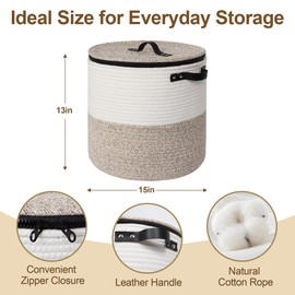 WILLITAT Storage Basket with Lid, 15"x13" Round Woven Blanket Storage for Living Room, Decorative Cotton Rope Hamper with Zipper Top, Wicker Basket with Lid, Floor Covered Kids Dog Toy Bin