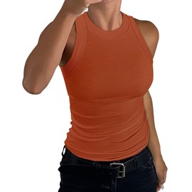 GEMBERA Womens Sleeveless Racerback High Neck Basic Ribbed Knit Fitted Tank Top Rust Orange M