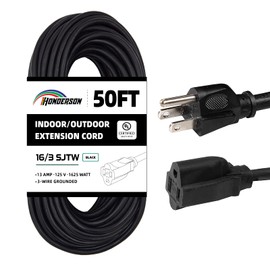 HONDERSON 50FT Outdoor Extension Cord-16/3 SJTW Durable Black Extension Cable with 3 Prong Grounded Plug for Safety,Great for Outside Christmas Decorations