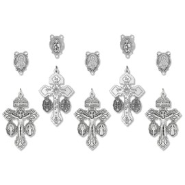 Italian Rosary Making Kit for 5 Rosaries - Cross and Center Sets with 2” Pardon Crucifix with Sacramental Medals (Miraculous Medal and St Benedict Medal) and 1” Holy Family Rosary Center