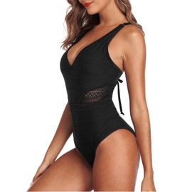 SOCIALA Womens Crochet V Neck One Piece Swimsuits High Waisted Bathing Suit Backless Hollow Monokini Swimwear Black M