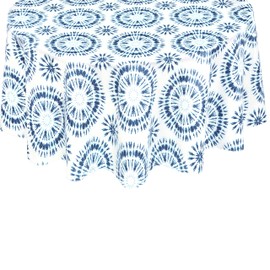 Newbridge 60 x 84 in Oval Summer Blue Tie Dye Flannel Backed Vinyl Tablecloth, Blue and White Circular Tie Dye and Print Vinyl Table Cover with Flannel Backing, Holiday BBQ Party and Picnic