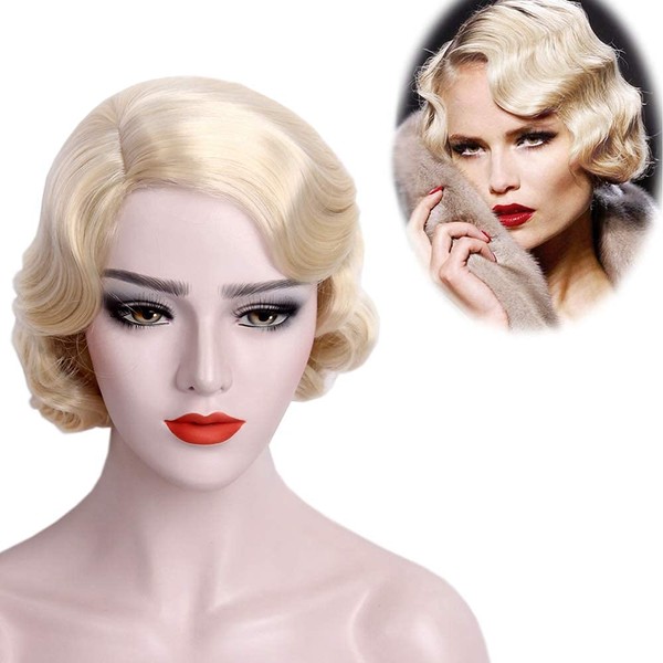 STfantasy Finger Wave Wig, 1920s Flapper, Blonde Mixed Hair, for women Gold