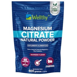 Wellthy Citrato de Magnesio en Polvo 600g Sabor Raspberry. 60 Días de Porciones, Equivalente a 417mg de Magnesio por Porción, Reforzado con Fibra Preb