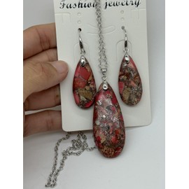 xinpeng Teardrop Sea Sediment Imperial Jasper Natural Stone Gemstone Necklace Pendant & Drop Dangle Hook Earrings Jewelry Set For Women (Pink Color Sea Sediment Imperial Jasper)