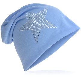 Jersey Slouch Beanie Long Hat Star with Rhinestone Star Appliqué, baby blue