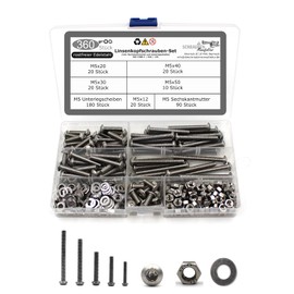 360-Piece Set of Rounded Head Screws with Hexalobular Socket/Torx (TX) in Accordance with ISO 7380-1 Standard + Hexagon Nut DIN 934 and Washer DIN 125 Stainless Steel Size M5