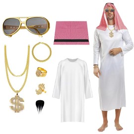 Mino Plus Sheikh costume men, Arabian costume, sheikh costume with glasses, Arabian sheikh white suit M, L, XL, XXL, costume Arabic sheikh, carnival costume with headscarf, carnival costume (XXL)