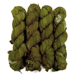 Vintageandyou 100g Recycled Sari Silk Ribbon Yarn, Jewelry Making Trim - Olive green