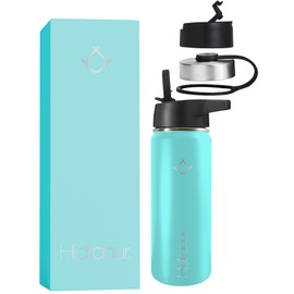 Hidranur Termo de Acero Inoxidable Doble Aislamiento Térmico, Termo Para Café, 3 Tapas Herméticas, 2 Popotes, 24 Hrs de Agua Caliente y Fría (Turquesa, 18 Oz (532.324 ml))