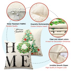 JOTOM Christmas Cushion Cover, Waterproof Cushion Cover, 45 x 45 cm, Set of 4 Sofa Cushion Covers for Sofa, Room, Outdoor Balcony, Patio, Garden, Outdoor (Christmas Tree Home)