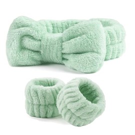 Ayesha- Conjunto de diadema y muñequera de spa verde para el cuidado de la piel, maquillaje, diadema, muñequeras para lavarse la cara, burbujas